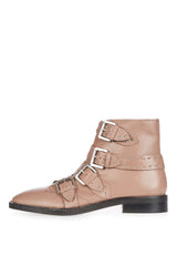 Topshop Paige Beige Leather Studded Buckle Straps Ankle Boots