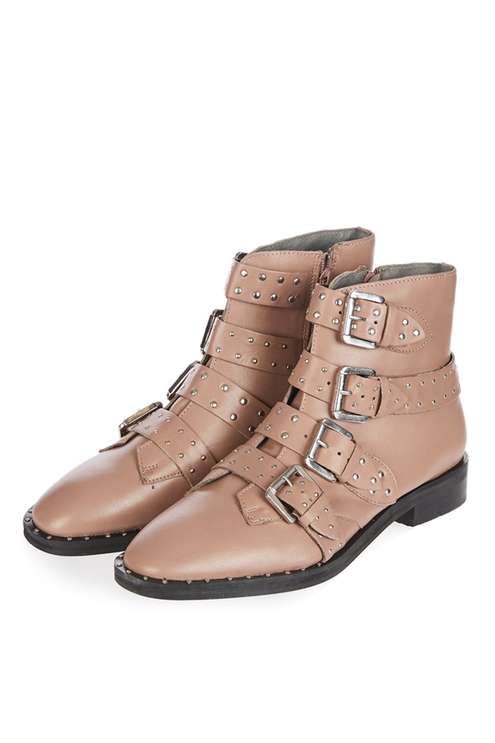 Topshop Paige Beige Leather Studded Buckle Straps Ankle Boots