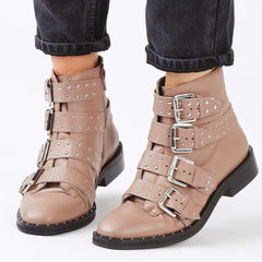 Topshop Paige Beige Leather Studded Buckle Straps Ankle Boots
